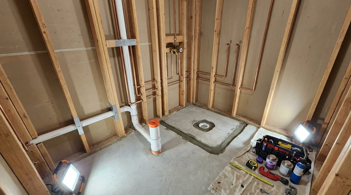 Bathroom rough-in plumbing during remodel by Johns Plumbing LLC in Bicknell