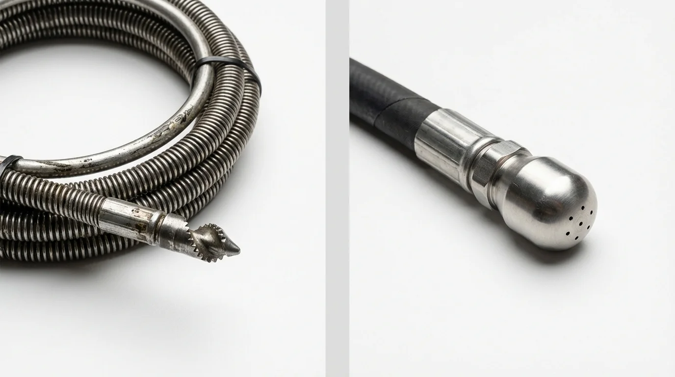 Drain snake cable and hydro jetting nozzle used for drain cleaning in Bicknell, IN