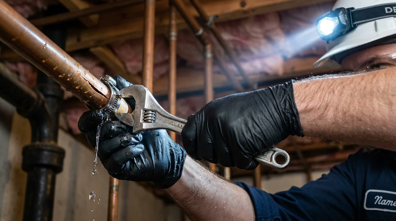Emergency pipe clamp repair being performed by a Johns Plumbing LLC plumber in Bicknell