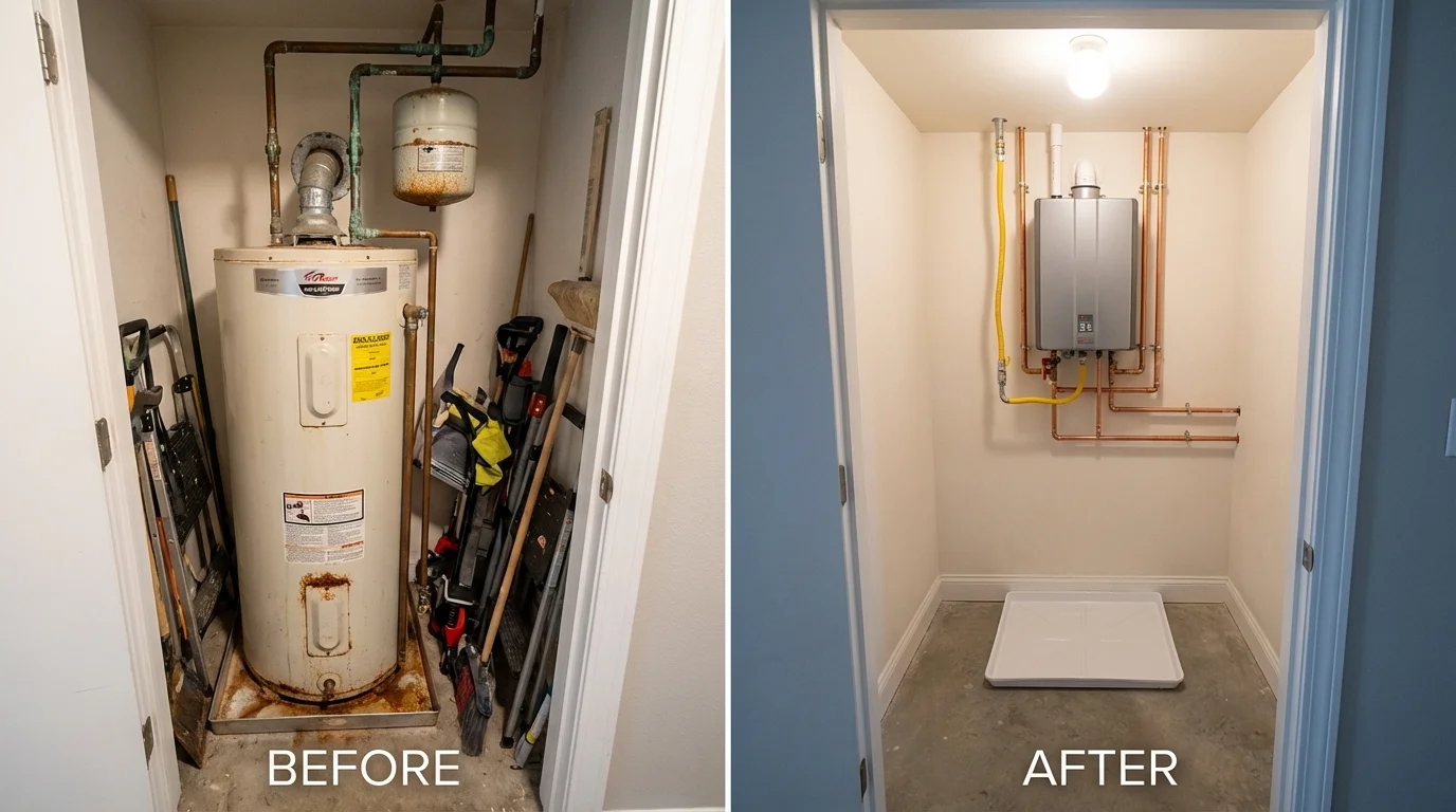 Tank water heater versus wall-mounted tankless unit comparison for Bicknell, IN homeowners