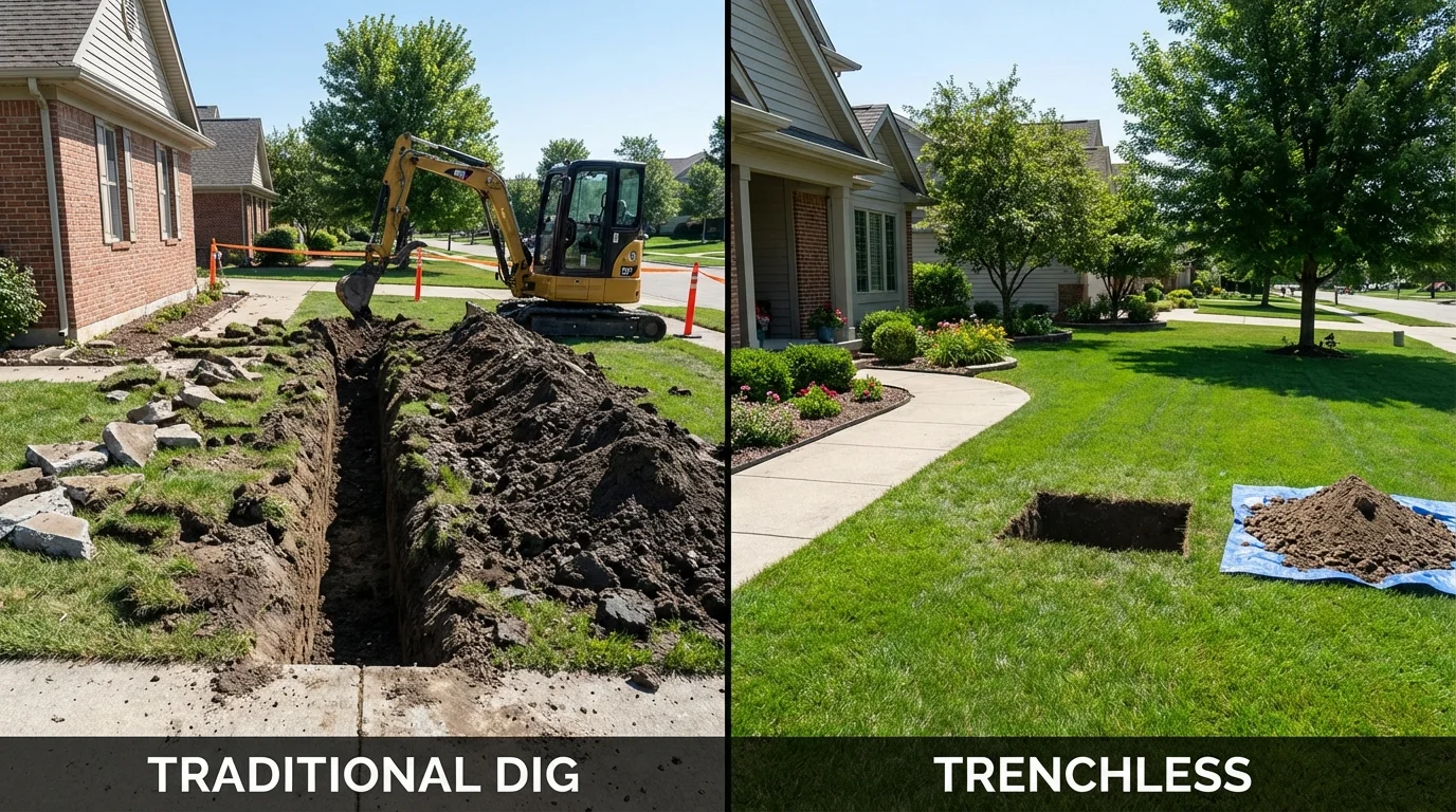 Trenchless sewer repair with minimal yard damage versus traditional excavation in Bicknell, IN